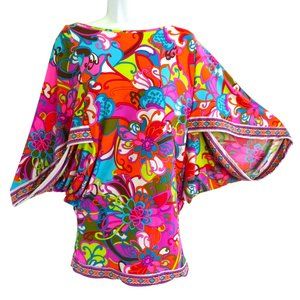 Trina Turk Fiji Flower Tunic Dress Cover Up Kimono Sleeves Open Back Tie Border